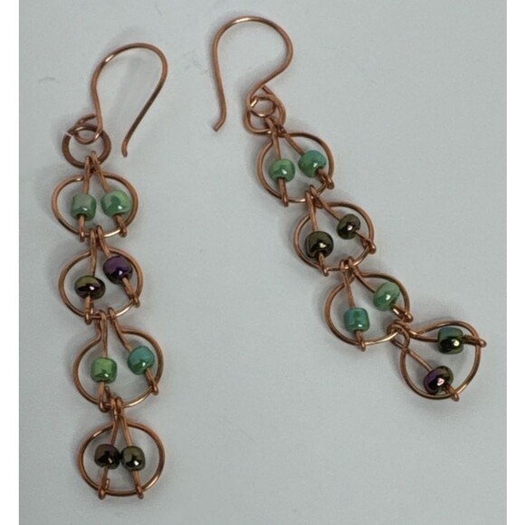 Copper Wire Earrings Green And Purple Seed Beads With French Hook  Hand Made - Picture 3 of 4